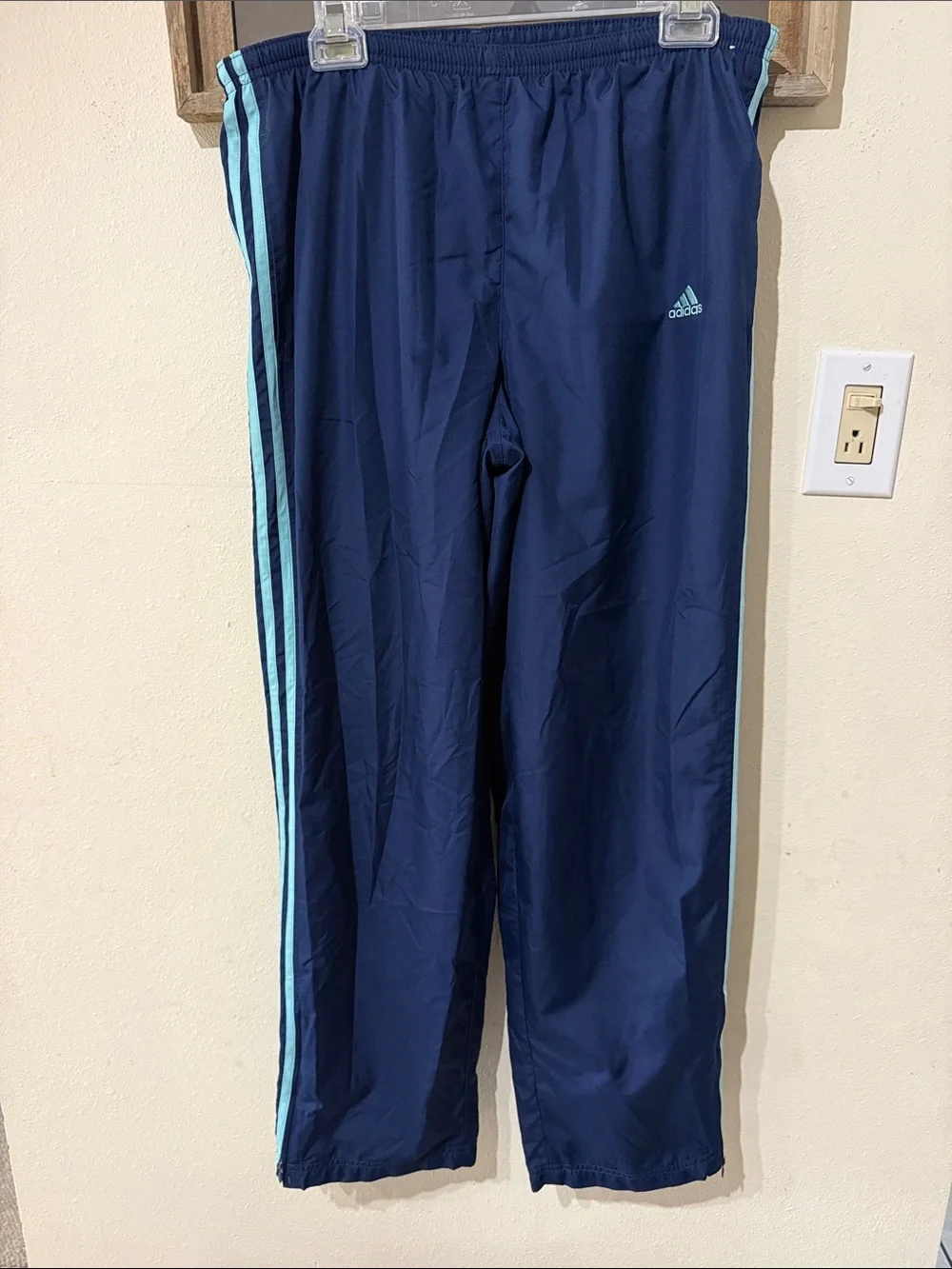 Y2K Adidas Men’s Large Navy Aqua 3 Stripe Track Pants AZF001 Ankle Zip